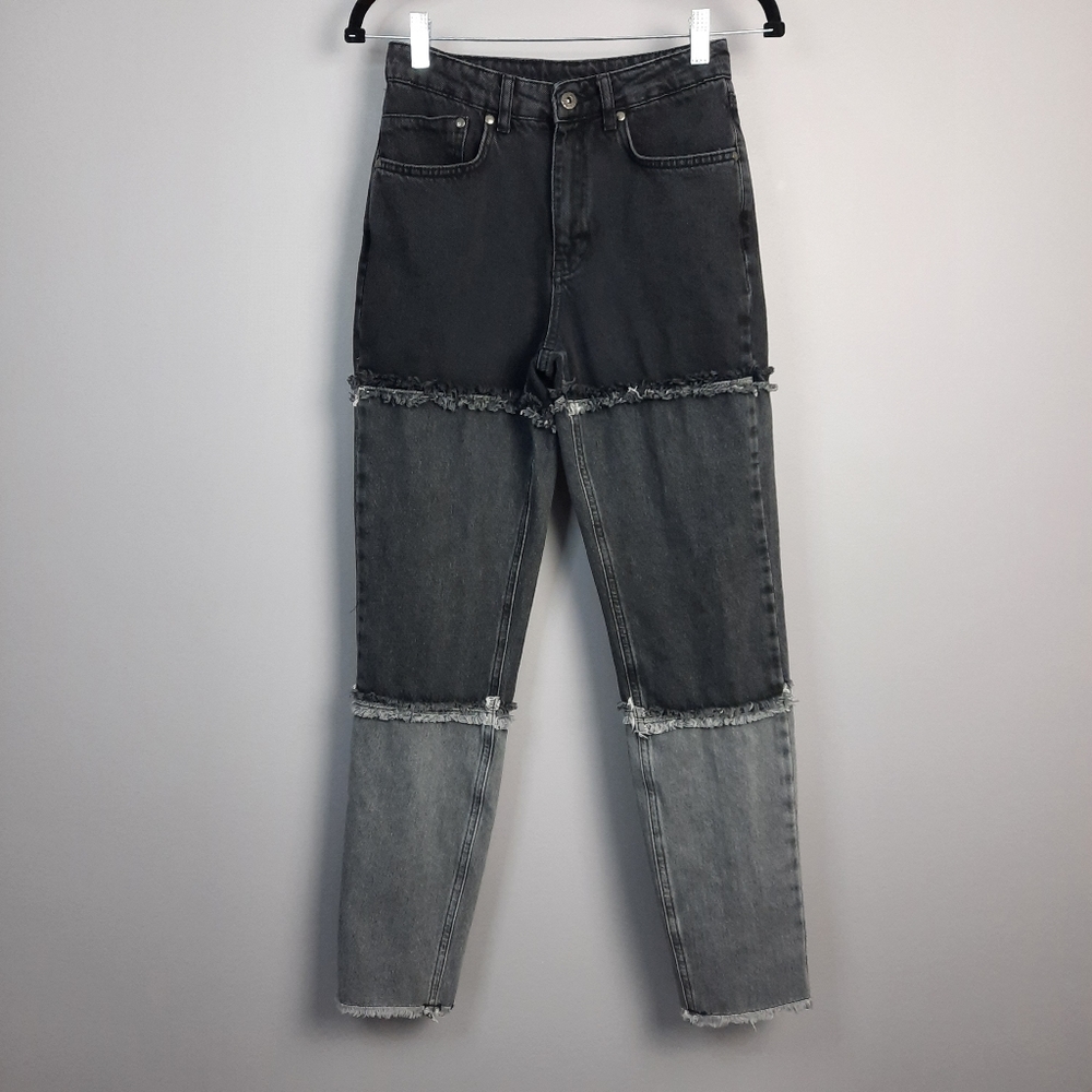 The Ragged Priest Black and Gray Colorblock Raw Hem High Waisted Mom Jeans 26
